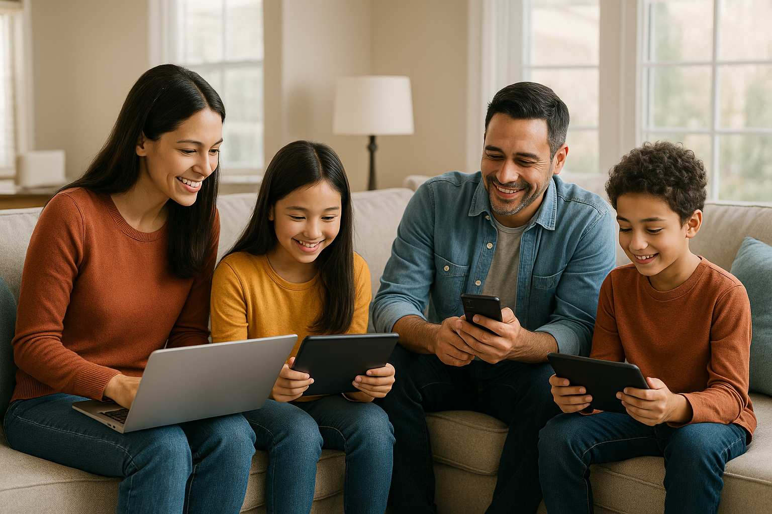 Family using high-speed home WiFi